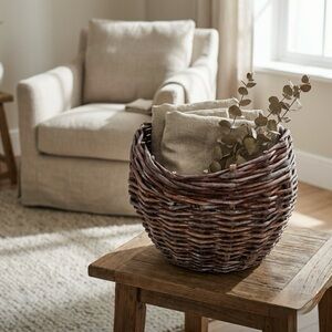 Handwoven Recycled Paper Rope Basket Planter Cover, Rustic Boho Farmhouse